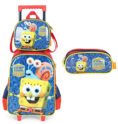 Mochila Infantil Rodinha Bob Esponja com Lancheira e Estojo