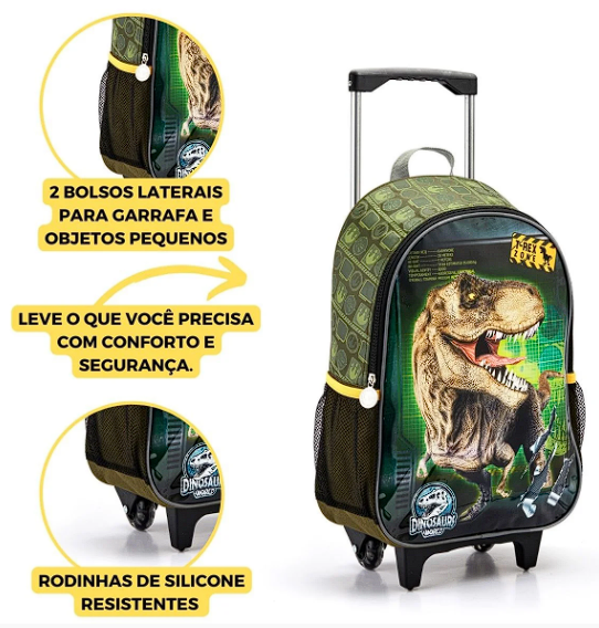 Mochila Rodinha Kit Infantil Menino Dinossauro