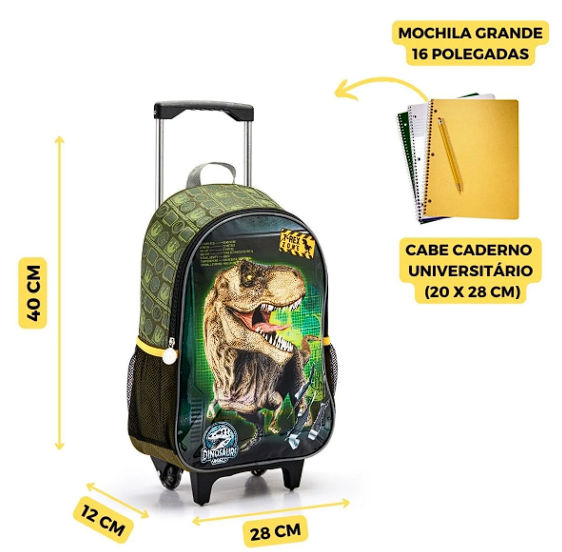 Mochila Rodinha Kit Infantil Menino Dinossauro