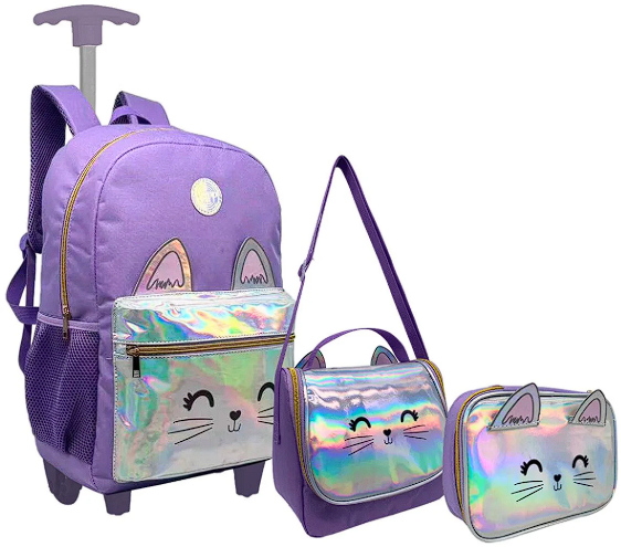 Kit Mochila Infantil Escolar Feminina Rodinhas Gatinho