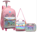 Kit Mochila Infantil Escolar Feminina Rodinhas Gatinho