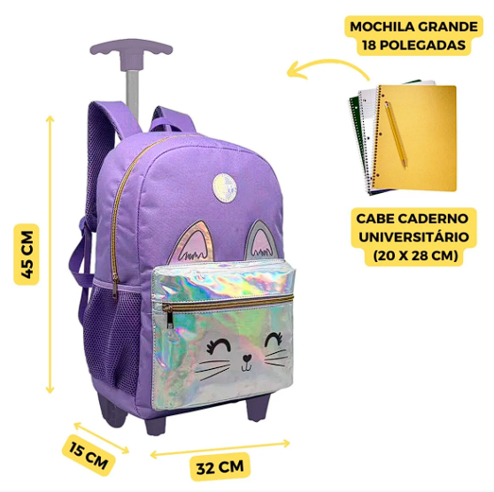 Kit Mochila Infantil Escolar Feminina Rodinhas Gatinho