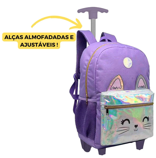 Kit Mochila Infantil Escolar Feminina Rodinhas Gatinho