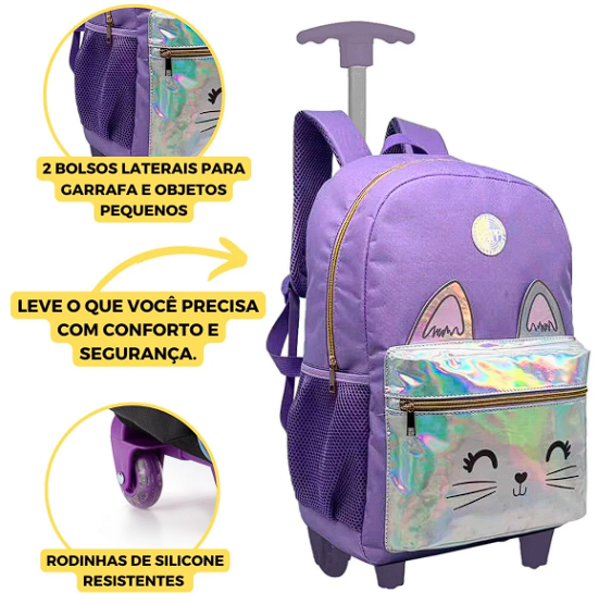 Kit Mochila Infantil Escolar Feminina Rodinhas Gatinho