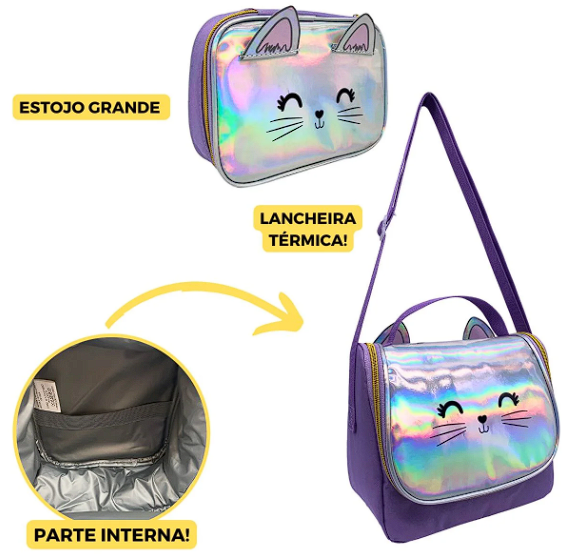 Kit Mochila Infantil Escolar Feminina Rodinhas Gatinho