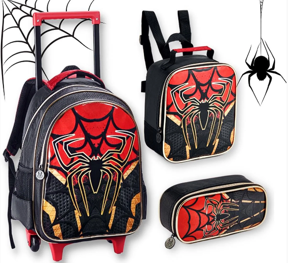 Kit Mochila Homem Spider Dark Aranha Infantil Rodinhas