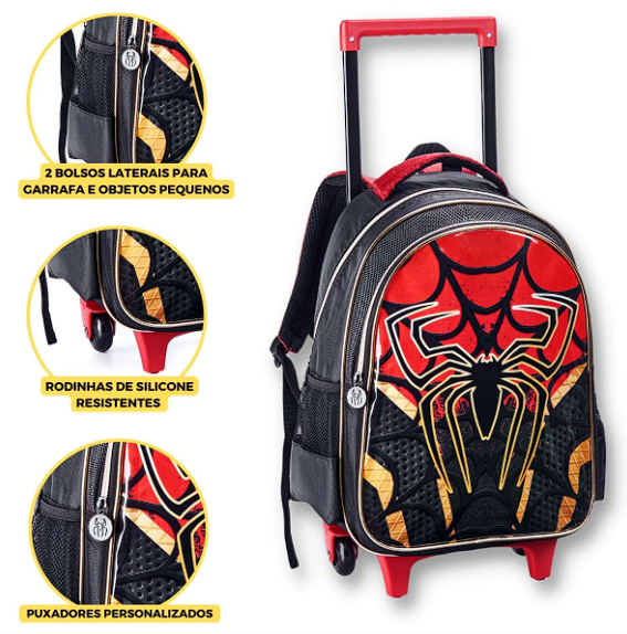 Kit Mochila Homem Spider Dark Aranha Infantil Rodinhas