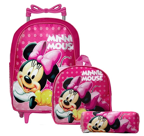 Kit Mochila Escolar Minnie Infantil Com Rodinhas