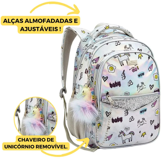 Kit Mochila Juvenil Feminina Metalizado Chaveiro Unicórnio