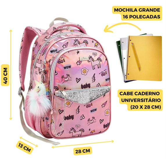 Kit Mochila Juvenil Feminina Metalizado Chaveiro Unicórnio