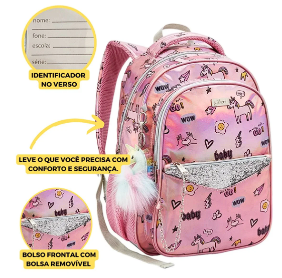 Kit Mochila Juvenil Feminina Metalizado Chaveiro Unicórnio