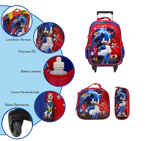 Kit Mochila Infantil Rodinha Sonic Filme Tam G