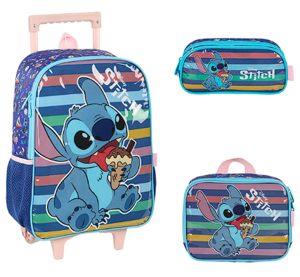 Mochila Infantil Rodinha Stitch Com Lancheira E Estojo