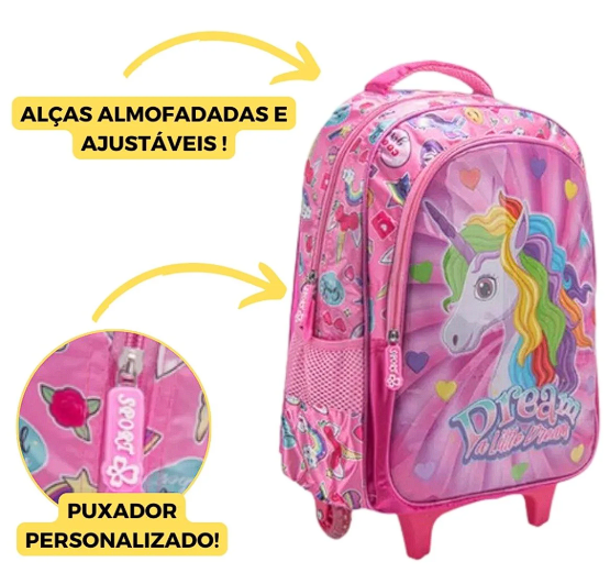 Kit Mochila Escolar Com Rodinhas Unicórnio