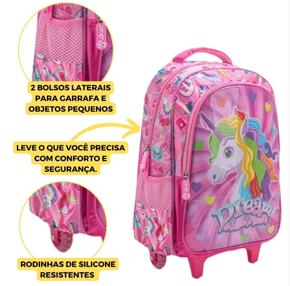 Kit Mochila Escolar Com Rodinhas Unicórnio